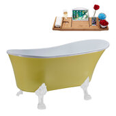  N358 55'' Vintage Oval Soaking Clawfoot Bathtub, Yellow Exterior, White Interior, White Clawfoot, Gold Drain, with Bamboo Tray