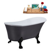  N359 55'' Vintage Oval Soaking Clawfoot Bathtub, Grey Exterior, White Interior, Black Clawfoot, Chrome Drain, with Bamboo Tray