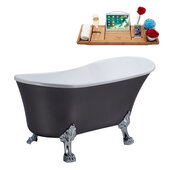  N359 55'' Vintage Oval Soaking Clawfoot Bathtub, Grey Exterior, White Interior, Chrome Clawfoot, Black Drain, with Bamboo Tray