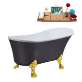  N359 55'' Vintage Oval Soaking Clawfoot Bathtub, Grey Exterior, White Interior, Gold Clawfoot, Black Internal Drain, with Bamboo Tray