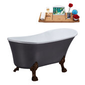  N359 55'' Vintage Oval Soaking Clawfoot Tub, Grey Exterior, White Interior, Oil Rubbed Bronze Clawfoot, Black Drain, w/ Bamboo Tray