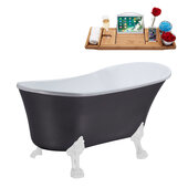  N359 55'' Vintage Oval Soaking Clawfoot Bathtub, Grey Exterior, White Interior, White Clawfoot, Black Drain, with Bamboo Tray