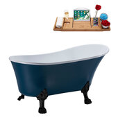  N360 55'' Vintage Oval Soaking Clawfoot Bathtub, Light Blue Exterior, White Interior, Black Clawfoot, Black Drain, with Bamboo Tray