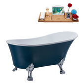  N360 55'' Vintage Oval Soaking Clawfoot Bathtub, Light Blue Exterior, White Interior, Chrome Clawfoot, Black Drain, with Bamboo Tray