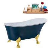 N360 55'' Vintage Oval Soaking Clawfoot Bathtub, Light Blue Exterior, White Interior, Gold Clawfoot, Black Drain, with Bamboo Tray