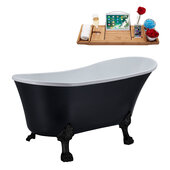  N362 59'' Vintage Oval Soaking Clawfoot Bathtub, Black Exterior, White Interior, Black Clawfoot, White Drain, with Bamboo Tray