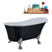  N362 59'' Vintage Oval Soaking Clawfoot Bathtub, Black Exterior, White Interior, Nickel Clawfoot, Black Drain, with Bamboo Tray