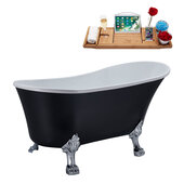  N362 59'' Vintage Oval Soaking Clawfoot Bathtub, Black Exterior, White Interior, Chrome Clawfoot, Black Drain, with Bamboo Tray
