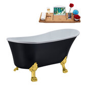  N362 59'' Vintage Oval Soaking Clawfoot Bathtub, Black Exterior, White Interior, Gold Clawfoot, Black Drain, with Bamboo Tray