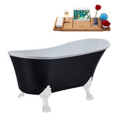  N362 59'' Vintage Oval Soaking Clawfoot Bathtub, Black Exterior, White Interior, White Clawfoot, Gold Drain, with Bamboo Tray