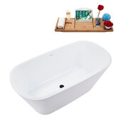  N3640 59'' Modern Rectangle Soaking Freestanding Bathtub, White Exterior, White Interior, Black Internal Drain, with Bamboo Tray