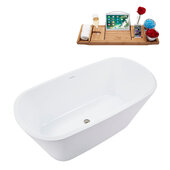  N3640 59'' Modern Rectangle Soaking Freestanding Bathtub, White Exterior, White Interior, Nickel Internal Drain, with Bamboo Tray