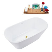  N3640 59'' Modern Rectangle Soaking Freestanding Bathtub, White Exterior, White Interior, Gold Internal Drain, with Bamboo Tray