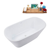  N3640 59'' Modern Rectangle Soaking Freestanding Bathtub, White Exterior, White Interior, White Internal Drain, with Bamboo Tray