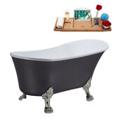  N364 59'' Vintage Oval Soaking Clawfoot Bathtub, Grey Exterior, White Interior, Nickel Clawfoot, Black Drain, with Bamboo Tray
