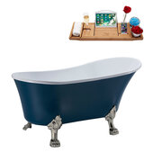  N365 59'' Vintage Oval Soaking Clawfoot Bathtub, Light Blue Exterior, White Interior, Nickel Clawfoot, Chrome Drain, with Bamboo Tray