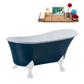  N365 59'' Vintage Oval Soaking Clawfoot Bathtub, Light Blue Exterior, White Interior, White Clawfoot, Black Drain, with Bamboo Tray