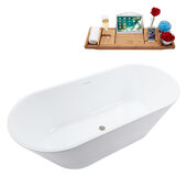  N3660 70'' Modern Rectangle Soaking Freestanding Bathtub, White Exterior, White Interior, Nickel Internal Drain, with Bamboo Tray