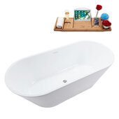  N3660 70'' Modern Rectangle Soaking Freestanding Bathtub, White Exterior, White Interior, Chrome Internal Drain, with Bamboo Tray