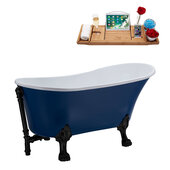  N368 63'' Vintage Oval Soaking Clawfoot Bathtub, Dark Blue Exterior, White Interior, Black Clawfoot, Black External Drain, w/ Tray