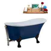  N368 63'' Vintage Oval Soaking Clawfoot Bathtub, Dark Blue Exterior, White Interior, Black Clawfoot, Nickel External Drain, w/ Tray
