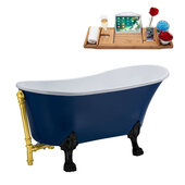  N368 63'' Vintage Oval Soaking Clawfoot Bathtub, Dark Blue Exterior, White Interior, Black Clawfoot, Gold External Drain, w/ Tray