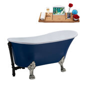  N368 63'' Vintage Oval Soaking Clawfoot Bathtub, Dark Blue Exterior, White Interior, Nickel Clawfoot, Black External Drain, w/ Tray