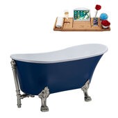  N368 63'' Vintage Oval Soaking Clawfoot Bathtub, Dark Blue Exterior, White Interior, Nickel Clawfoot, Nickel External Drain, w/ Tray