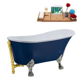  N368 63'' Vintage Oval Soaking Clawfoot Bathtub, Dark Blue Exterior, White Interior, Nickel Clawfoot, Gold External Drain, w/ Tray