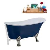  N368 63'' Vintage Oval Soaking Clawfoot Bathtub, Dark Blue Exterior, White Interior, Nickel Clawfoot, White External Drain, w/ Tray