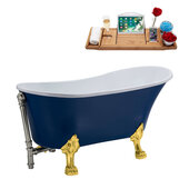  N368 63'' Vintage Oval Soaking Clawfoot Bathtub, Dark Blue Exterior, White Interior, Gold Clawfoot, Nickel External Drain, w/ Tray