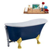  N368 63'' Vintage Oval Soaking Clawfoot Bathtub, Dark Blue Exterior, White Interior, Gold Clawfoot, Chrome External Drain, w/ Tray