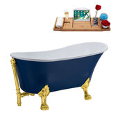  N368 63'' Vintage Oval Soaking Clawfoot Bathtub, Dark Blue Exterior, White Interior, Gold Clawfoot, Gold External Drain, w/ Tray