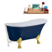  N368 63'' Vintage Oval Soaking Clawfoot Bathtub, Dark Blue Exterior, White Interior, Gold Clawfoot, White External Drain, w/ Tray