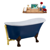  N368 63'' Vintage Oval Soaking Clawfoot Tub, Dark Blue Exterior, White Interior, Oil Rubbed Bronze Clawfoot, Gold External Drain, w/ Tray