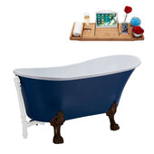  N368 63'' Vintage Oval Soaking Clawfoot Tub, Dark Blue Exterior, White Interior, Oil Rubbed Bronze Clawfoot, White External Drain, w/ Tray