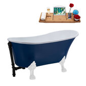  N368 63'' Vintage Oval Soaking Clawfoot Bathtub, Dark Blue Exterior, White Interior, White Clawfoot, Black External Drain, w/ Tray