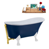  N368 63'' Vintage Oval Soaking Clawfoot Bathtub, Dark Blue Exterior, White Interior, White Clawfoot, Gold External Drain, w/ Tray