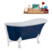  N368 63'' Vintage Oval Soaking Clawfoot Bathtub, Dark Blue Exterior, White Interior, White Clawfoot, White External Drain, w/ Tray