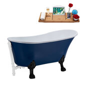  N369 55'' Vintage Oval Soaking Clawfoot Bathtub, Dark Blue Exterior, White Interior, Black Clawfoot, White External Drain, w/ Tray