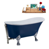  N369 55'' Vintage Oval Soaking Clawfoot Bathtub, Dark Blue Exterior, White Interior, Chrome Clawfoot, Nickel External Drain, w/ Tray