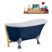  N369 55'' Vintage Oval Soaking Clawfoot Bathtub, Dark Blue Exterior, White Interior, Chrome Clawfoot, Gold External Drain, w/ Tray