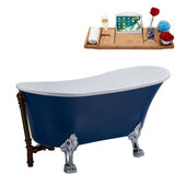  N369 55'' Vintage Oval Soaking Clawfoot Tub, Dark Blue Exterior, White Interior, Chrome Clawfoot, Oil Rubbed Bronze External Drain, w/ Tray