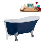  N369 55'' Vintage Oval Soaking Clawfoot Bathtub, Dark Blue Exterior, White Interior, Chrome Clawfoot, White External Drain, w/ Tray