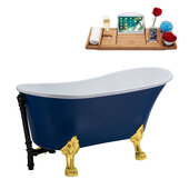  N369 55'' Vintage Oval Soaking Clawfoot Bathtub, Dark Blue Exterior, White Interior, Gold Clawfoot, Black External Drain, w/ Tray