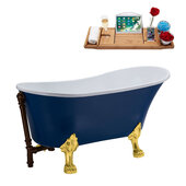  N369 55'' Vintage Oval Soaking Clawfoot Tub, Dark Blue Exterior, White Interior, Gold Clawfoot, Oil Rubbed Bronze External Drain, w/ Tray