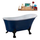  N371 63'' Vintage Oval Soaking Clawfoot Bathtub, Dark Blue Exterior, White Interior, Black Clawfoot, Black Drain, with Bamboo Tray