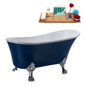  N371 63'' Vintage Oval Soaking Clawfoot Bathtub, Dark Blue Exterior, White Interior, Chrome Clawfoot, Gold Drain, with Bamboo Tray