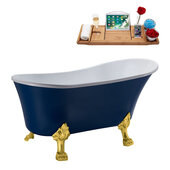  N371 63'' Vintage Oval Soaking Clawfoot Bathtub, Dark Blue Exterior, White Interior, Gold Clawfoot, Black Drain, with Bamboo Tray