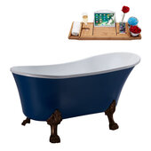  N371 63'' Vintage Oval Soaking Clawfoot Tub, Dark Blue Exterior, White Interior, Oil Rubbed Bronze Clawfoot, Gold Drain, w/ Bamboo Tray